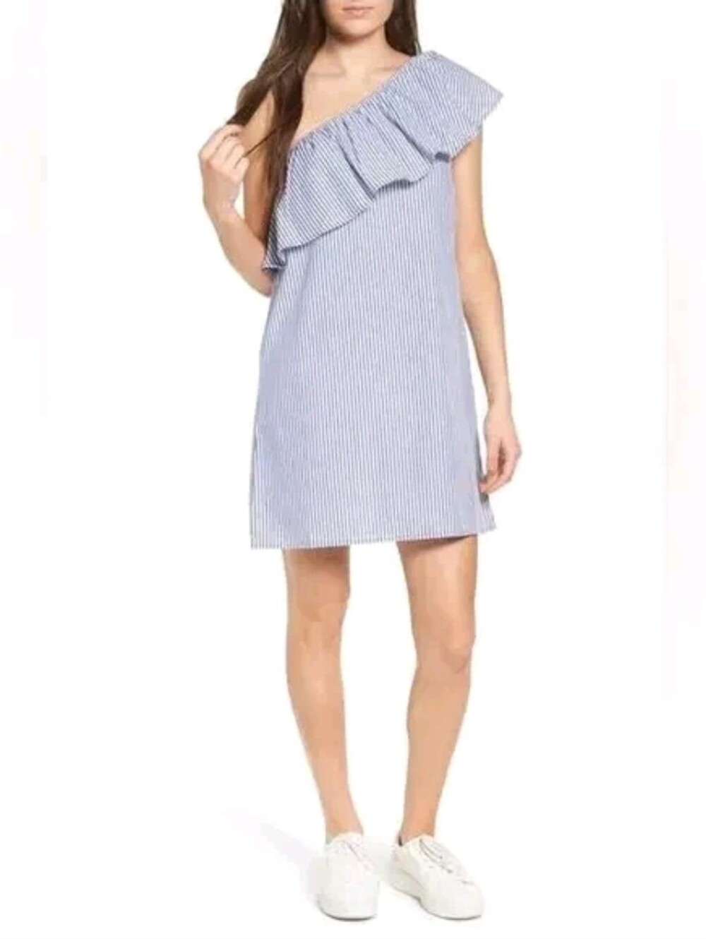Alice + Olivia Cotton Blue/White Asymmetric Ruffle Striped Dress